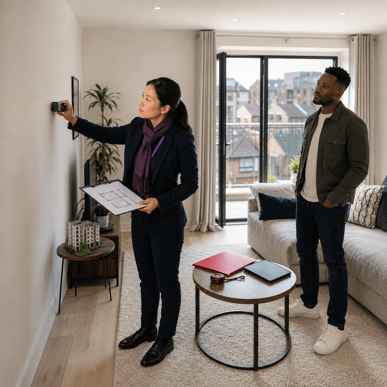 Surveyor Measuring a New-Build Living Room