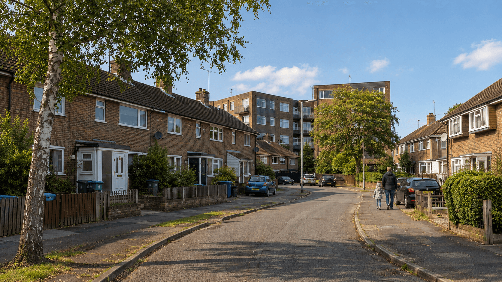 Warm sunlight over a council-built neighborhood